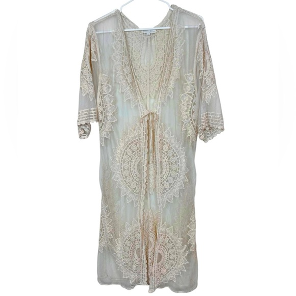 Cream lace topper beach coverup, robe, Medium, embroidered Boho Festival - Picture 1 of 8